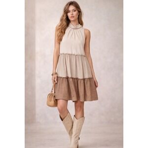One One Six Dress Womens M Neutral Tiered Boho Cottagecore Whimsical Coquette